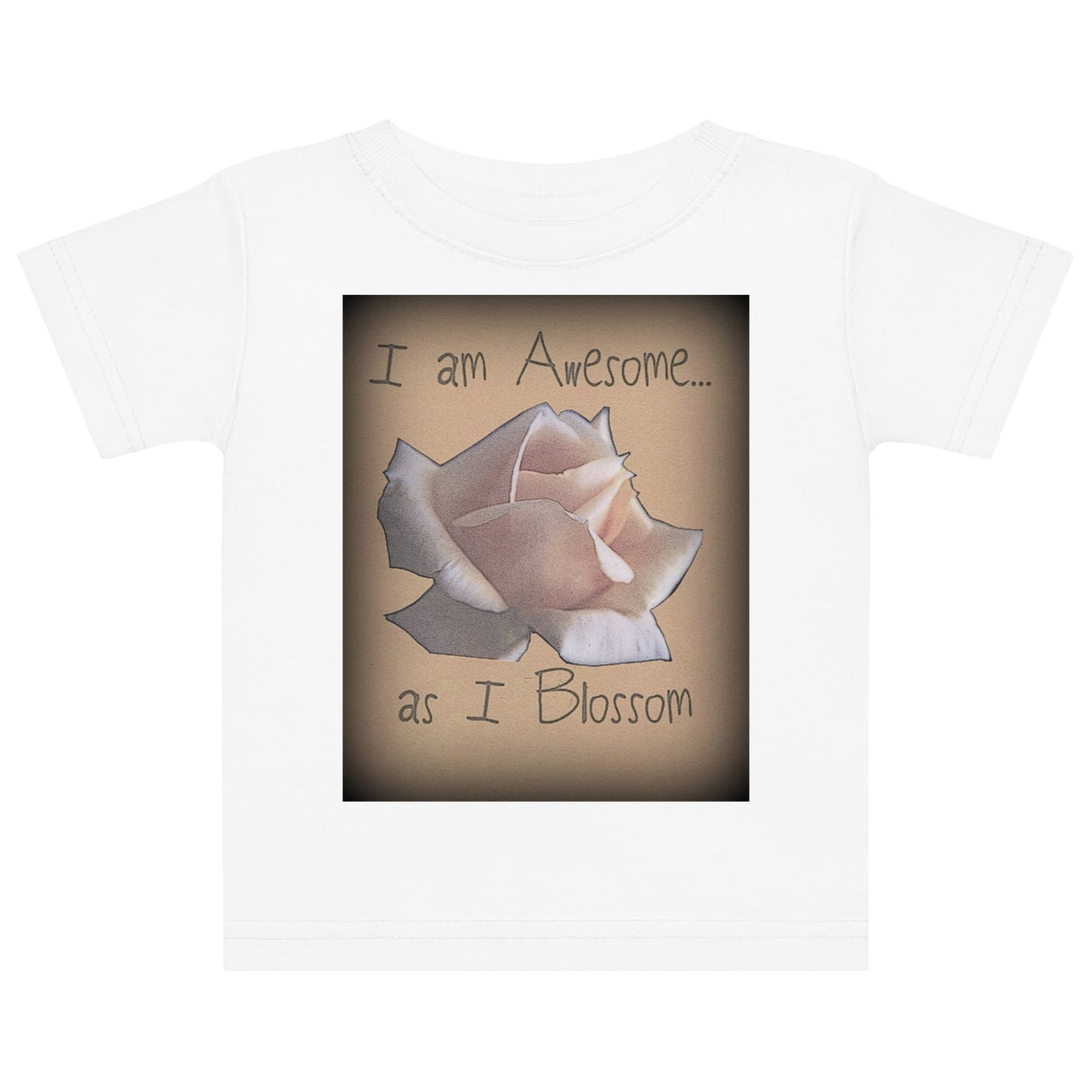 I Am Awesome as I Blossom Rose Kids jersey t-shirt featuring a rose design on a white background.